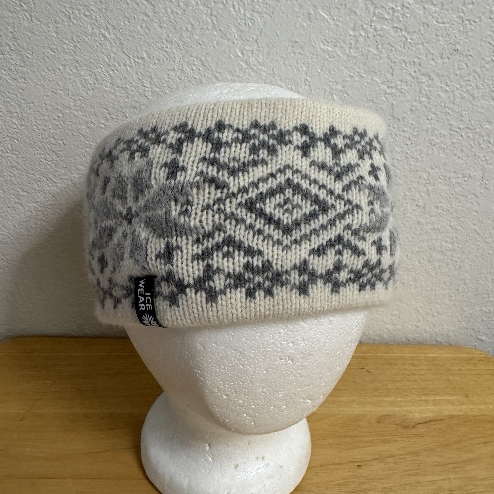 Icewear Iceland Headband Ear Warmer Wool Angora Nordic Fair Isle Gray Cream
